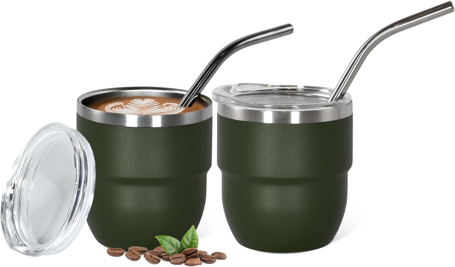4oz Stackable Cup, Vacuum Insulated Espresso Cup Set of 2, Espresso Shot Glass for Coffee, Double Wall Stainless Steel Mini Tumbler Shot Glasses with Straw and Lid