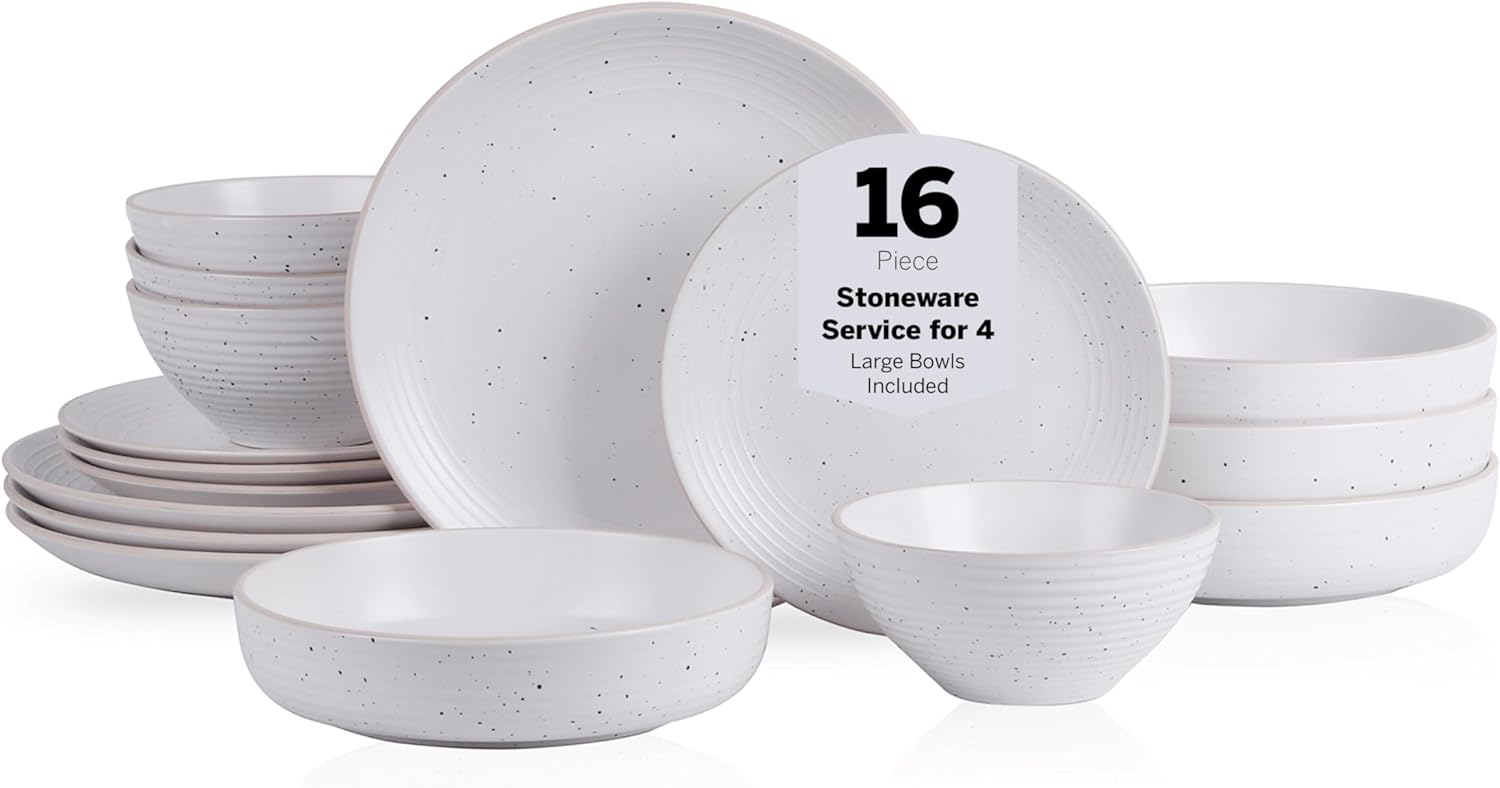 Stone Lain Lauren Stoneware, Rustic Plates and Bowls Set, Dinnerware, Service for 4, Speckled Off White, Dishwasher & Microwave Safe, 16-Piece