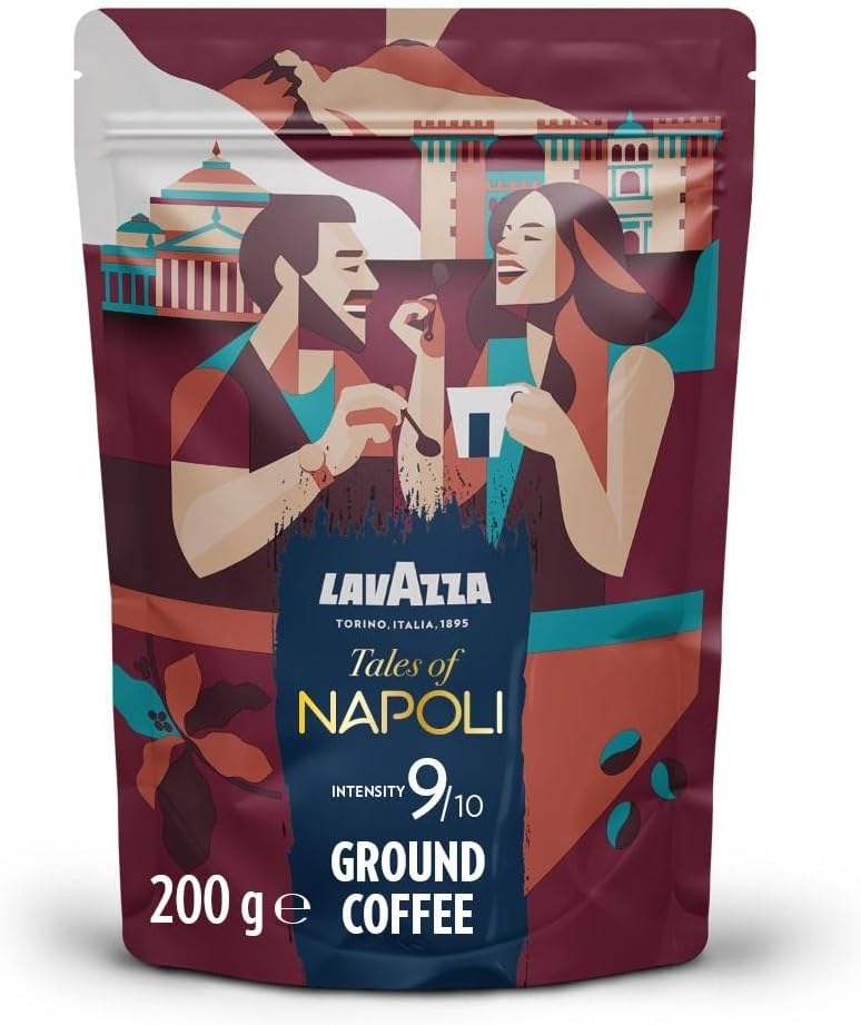 Lavazza, Tales of Napoli, Coffee Ground, Ideal for Moka Pots, with Aromatic Notes of Cocoa and Caramel, Arabica and Robusta, Intensity 9/10, Dark Roasting, 200 g