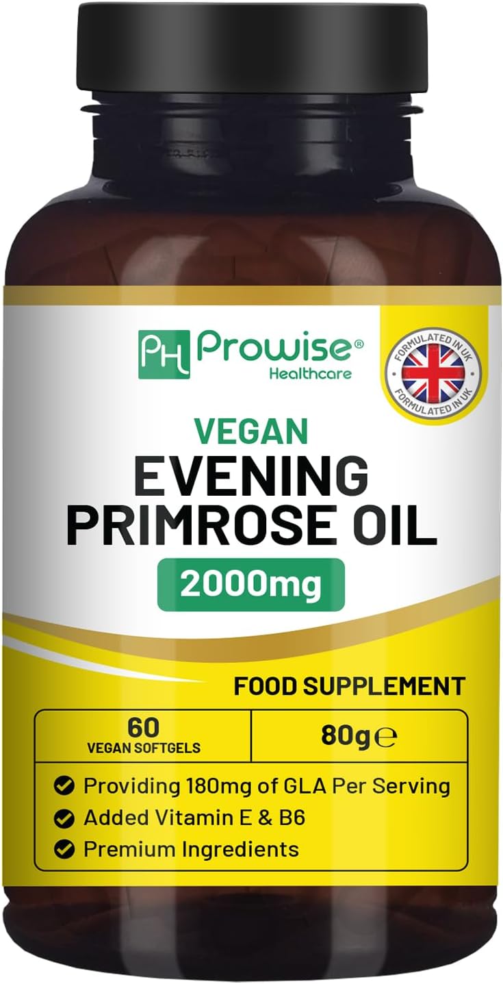 Vegan Evening Primrose Oil 2000mg with Vitamin E & B6 – 60 Vegan Softgels| Pure Cold Pressed I 180mg GLA per Capsule I Women's Health I Premium Quality I by Prowise Healthcare