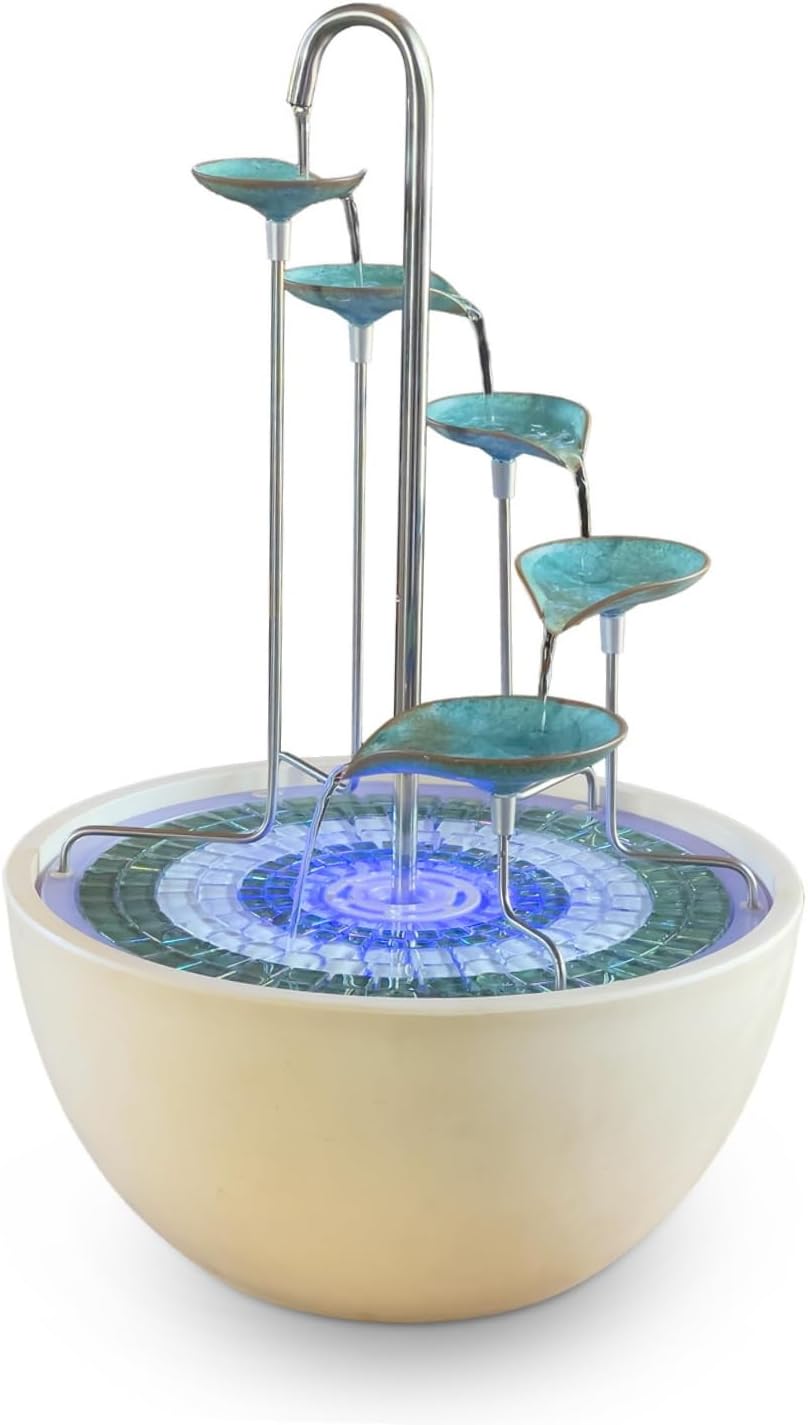 HYDRIA Large 45cm Verdigris Leaf Cascade Indoor Outdoor Water Feature, Battery Powered Fountain includes Glass Mosaic, Porcelain Bowl, Up to 100 Hours per Charge USB Charging, British Brand, Wireless