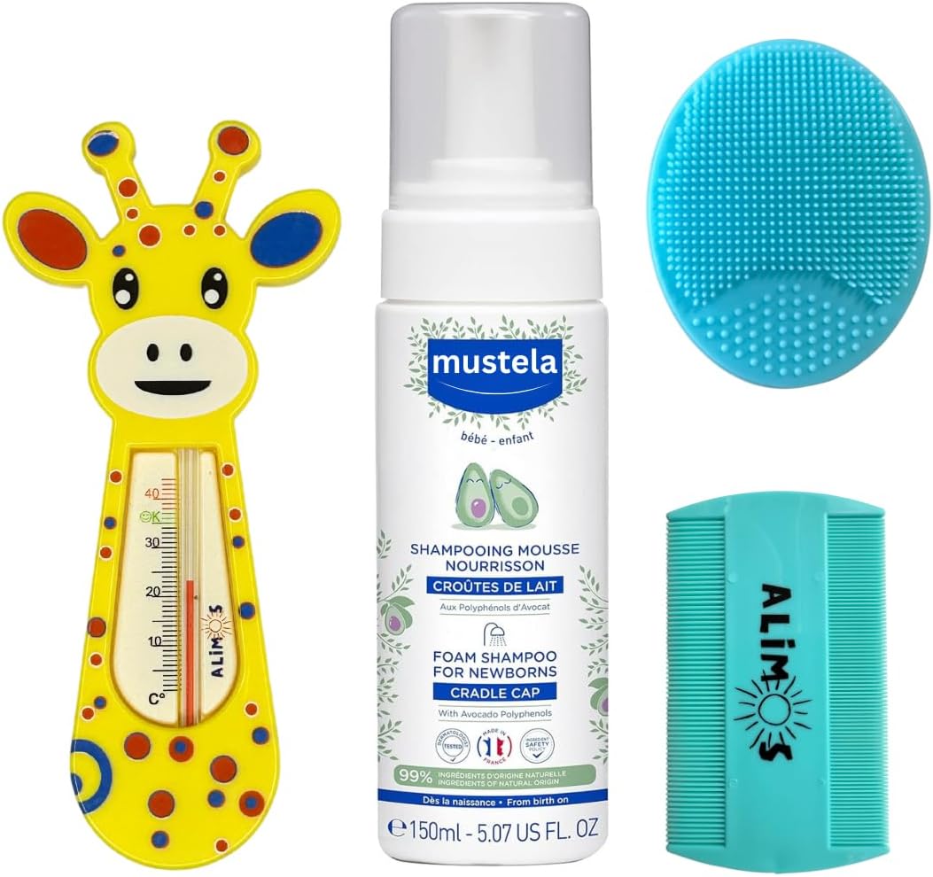 Cradle Cap Foam Shampoo For Newborns 150ml Bundled With Alimos Baby Bath Silicone Brush & Fine Tooth Comb And Bath Thermometer