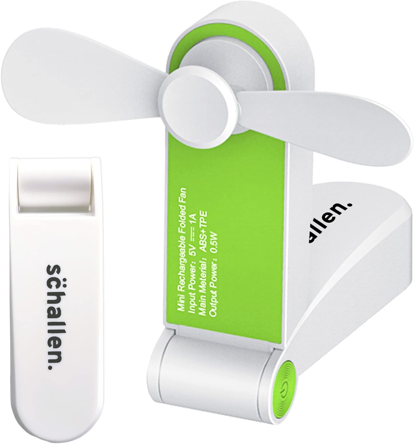 Schallen Portable Mini Folding Pocket Fan - USB Rechargeable Electric Desk Fan for Home, Office, Travel, Camping (White and Green)