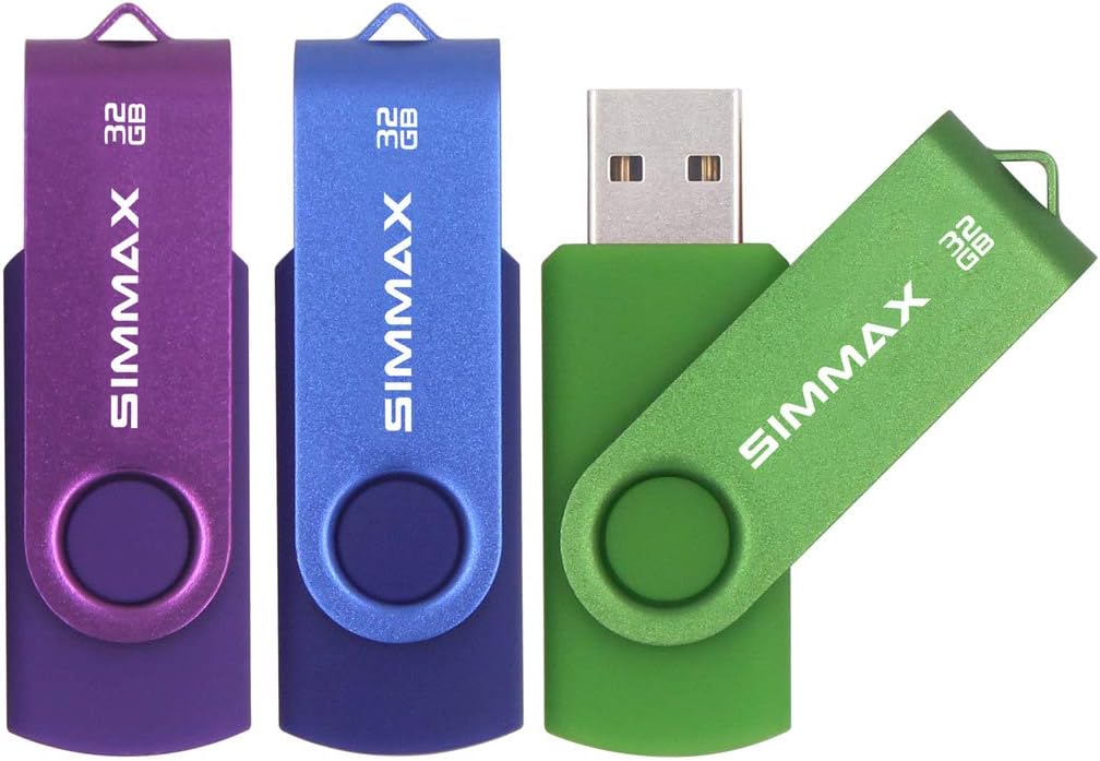 SIMMAX 32GB USB Flash Drives 3 Pack Swivel Design Thumb Drive (32GB Purple Blue Green)