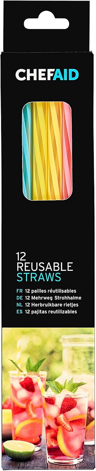 Chef Aid 12 Reusable Thick Plastic Drinking Straws, Suitable for Hot and Cold Drinks, Made from BPA Free Stong and Durable Plastic, Each Pack Contain 4 Blue, 4 Pink and 4 Yellow Straws