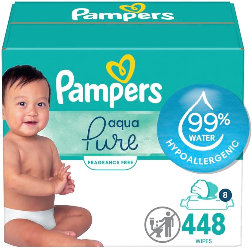 Pampers Baby Wipes Aqua Pure, 99% water-based wipes, Hypoallergenic and Unscented Infant Wipe, 448 Total (8 Flip-Top Packs)