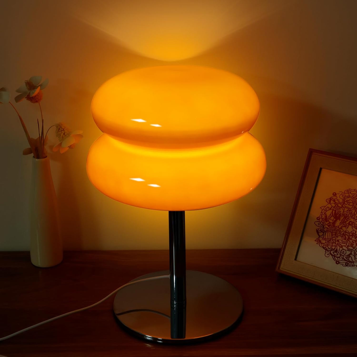 NZWBSHSSP Glass Bedside Table Lamp,Mid Century Modern Table Lamp for Nightstand, 3 Color Modes Dimmable Egg Tart Lamp, Retro Cute Desk Lamp,Mushroom Lamp for Bedroom Living Room(Orange)