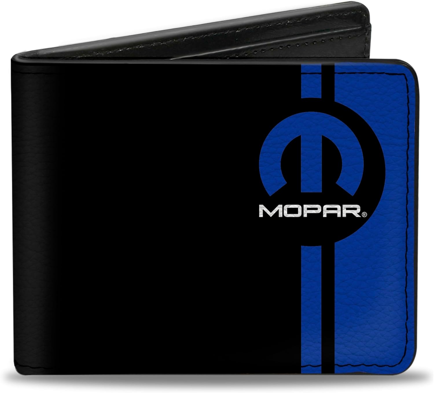 Buckle-Down Men's PU Bifold Wallet-Mopar Logo/Stripe Black/Blue, Multicolor, 4.0" x 3.5"