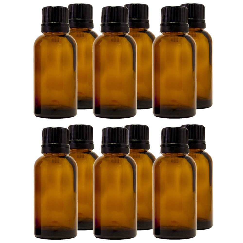 GreenHealth – Pack of 12 – 30 ml (1 oz) Amber Glass Bottles with Euro Dropper and Tamper-Evident Cap – Refillable Boston Round Bottles for Essential Oils and Aromatherapy