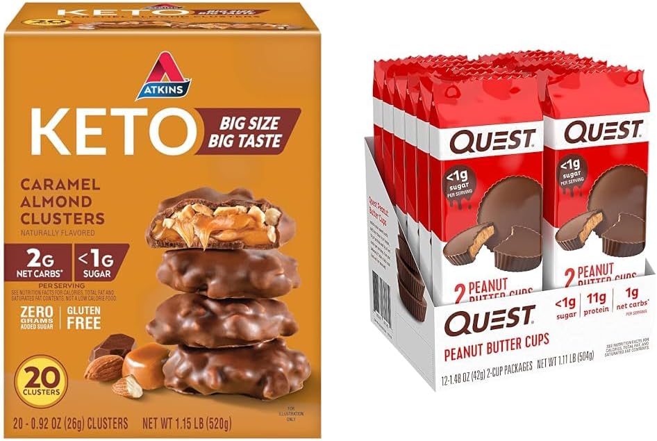 Atkins Caramel Almond Clusters, Gluten Free, High in Fiber & Quest Nutrition High Protein Low Carb, Gluten Free, Keto Friendly, Peanut Butter Cups, 12 Count (Pack of 1) (total- 17.76 Ounce)