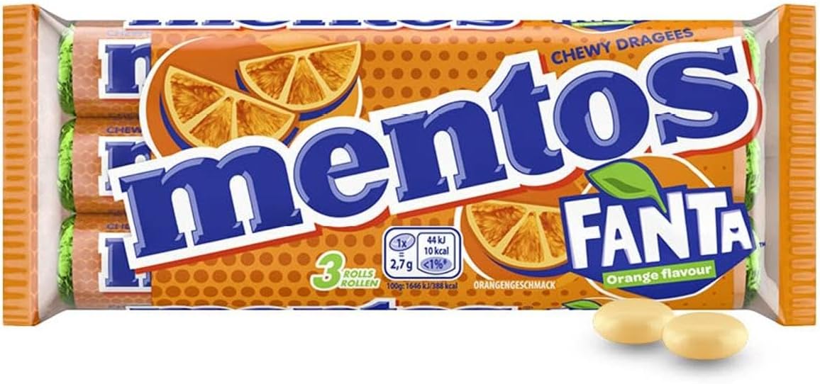 Mentos Fanta Dragees, Fruit Sweets with Fanta Flavour, Chew Sweets with Fruity Orange Lemonade Flavour, (3 Rolls), Vegan