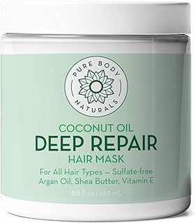 Pure Body Naturals Coconut Oil Hair Mask, Deep Conditioning Hair Treatment for Dry Damaged and Color Treated Hair, Sulfate Free Hair Conditioner, Moisturizes, Repairs, 8.8 Fl Oz