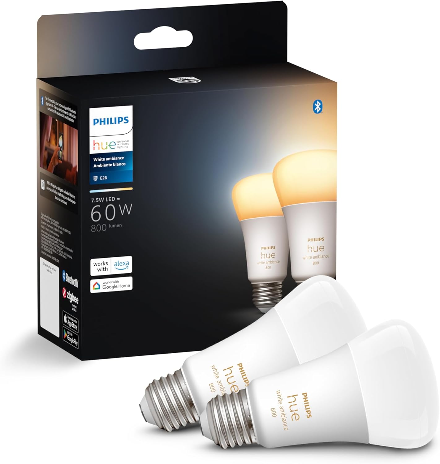 Philips Hue Smart 60W A19 LED Bulb - White Ambiance Warm-to-Cool White Light - 2 Pack - 800LM - E26 - Indoor - Control with Hue App - Works with Alexa, Google Assistant and Apple Homekit