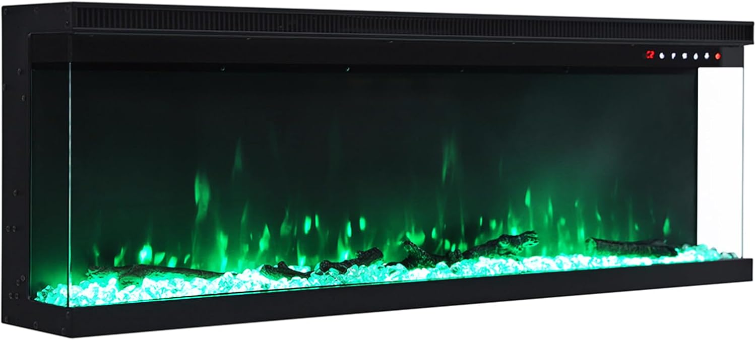 INMOZATA Electric Fire 60inch/152cm 3-Side Glass Display Media Wall Fire Recessed/Freestanding Electric Fireplace with 9 Colors Realistic LED Flame Effect Touch Remote Control & Overheat Protection