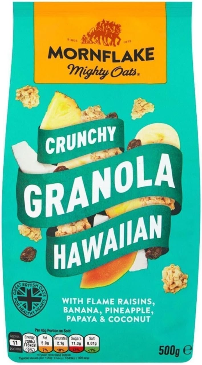 Mornflake - Crunchy Hawaiian Granola. 1x 500g Sachets Bags. High Fibre Granola Cereal Multipack, Breakfast Cereal with Raisins, Banana, Pineapple & Coconut, All Natural Ingredients (Pack of 1)