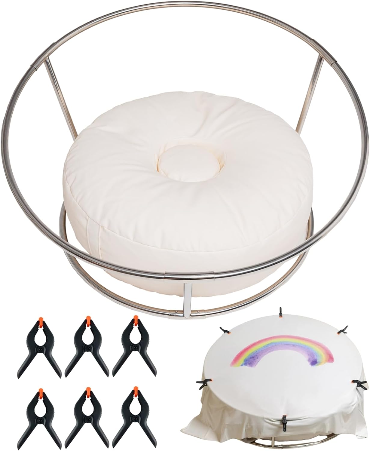 Newborn Posing Table and Beanbag(Unfilled) Round Newborn Photography Stand with 6 Clamps Baby Photoshoot Stand Backdrop Frame Infant Stainless Steel Background Station for Newborn Photo Sessions