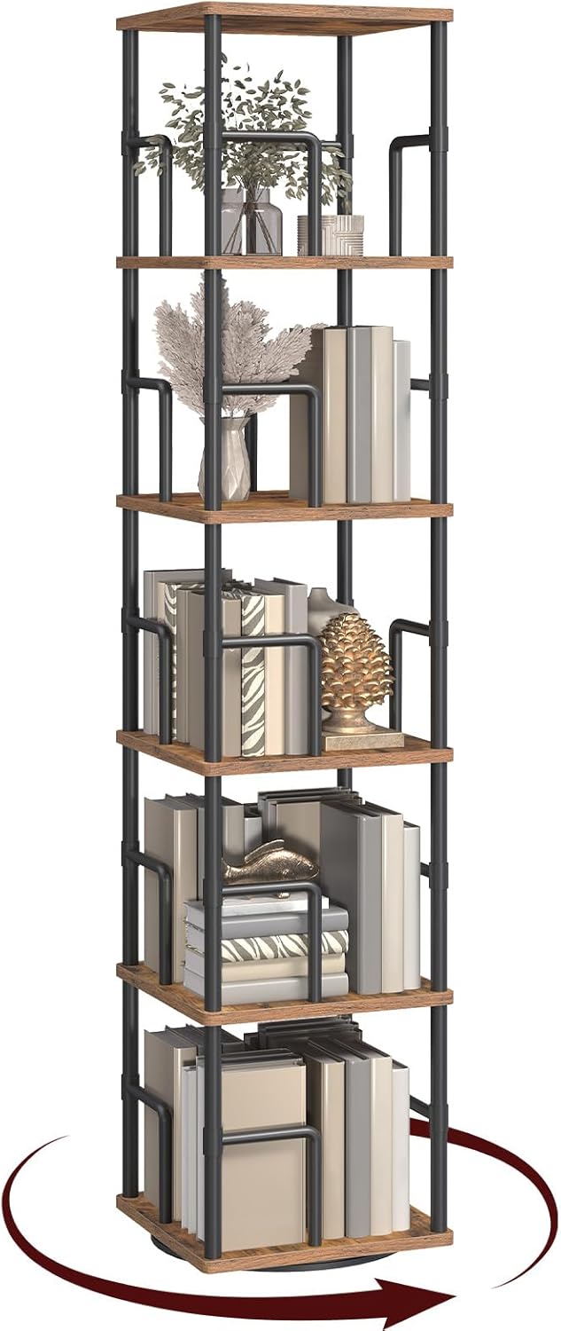 MAHANCRIS 5-Tier Rotating Bookshelf, Freestanding Corner Bookshelf, 360° Spinning Bookcase, Industrial Style Storage Rack with Rails, for Living Room, Bedroom, Study, Rustic Brown and Black BKHR1601