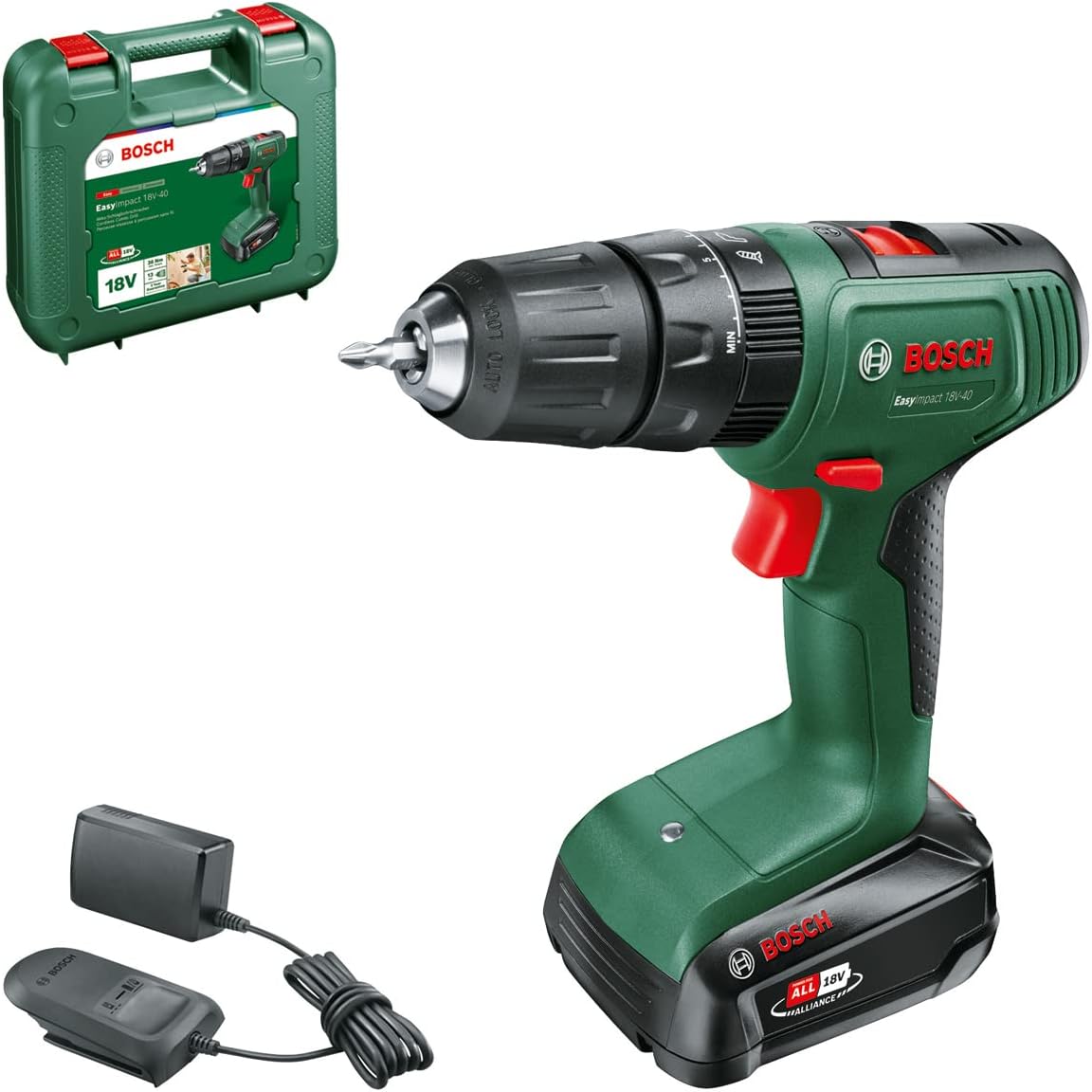 Bosch Home and Garden Cordless Hammer Drill EasyImpact 18V-40 (1 Battery 2.0 Ah, 18 Volt System, in Carrying case)