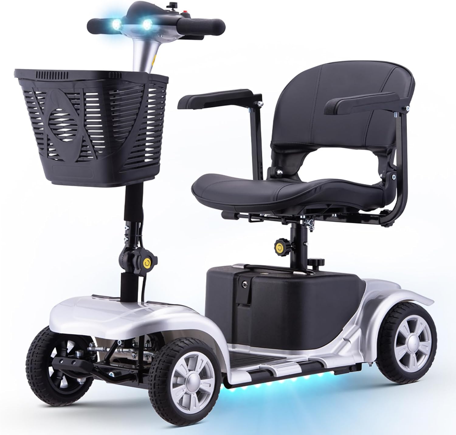 Mobility Scooter for Adults, Senior, Skmc 4 Wheels Electric Powered Chargeable Device for Travel, Lightweight and Portable, with LED Headlights and Basket, Charger Included, Red/Blue (Silver/Black)