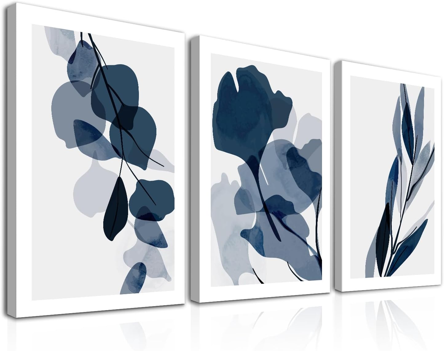 NymphFable 3Pcs Framed Blue Flower Wall Art Decor Abstract Botanical Prints, Watercolor Plants Wall Poster for Bedroom Living Room Decor 12x16 in