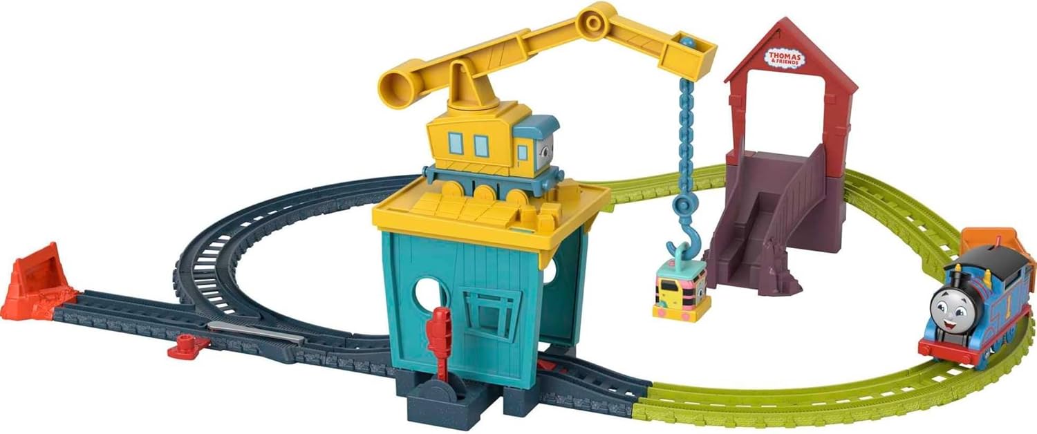 Thomas & Friends Motorized Toy Train Set Fix 'em Up Friends with Carly the Crane, Sandy the Rail Speeder & Thomas for Preschool Kids Ages 3+ Years ​