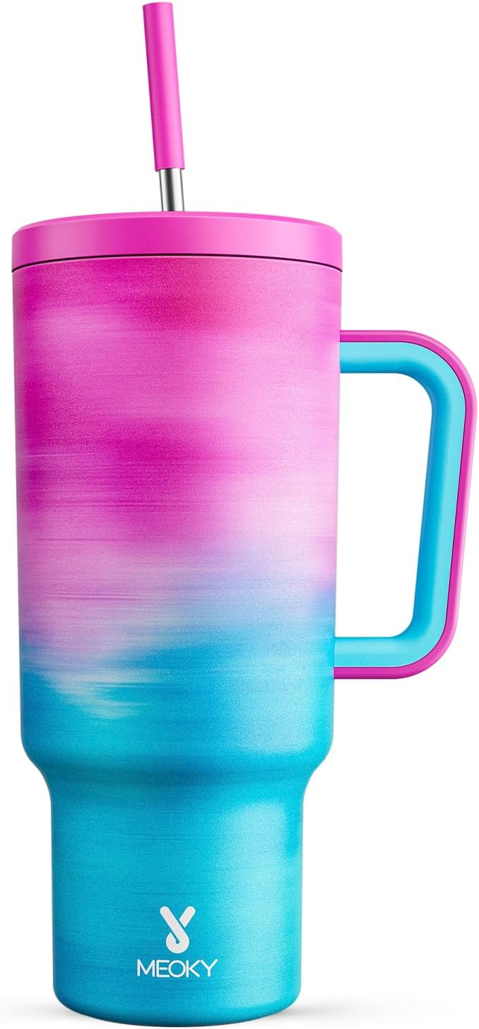 Meoky 1182ml Tumbler with Straw and Lid, 40oz Tumbler with Handle, Insulated Stainless Steel Travel Mug Water Bottle, 100% Leak-Proof, Cold for 34 Hours or Hot for 10 Hours (Marshmallow)