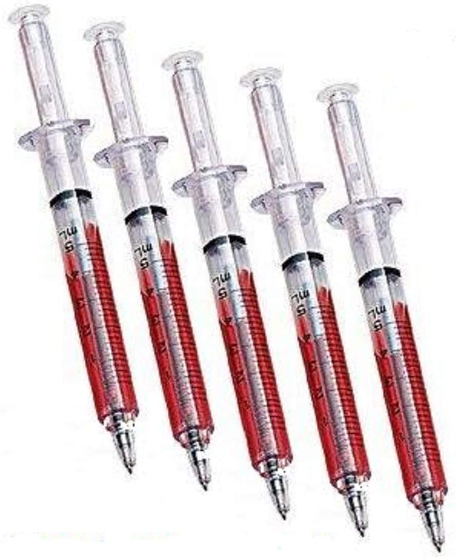 5 Double Value Novelty Blood Syringe Pens with extra refills. Double value double life. Great Stocking filler