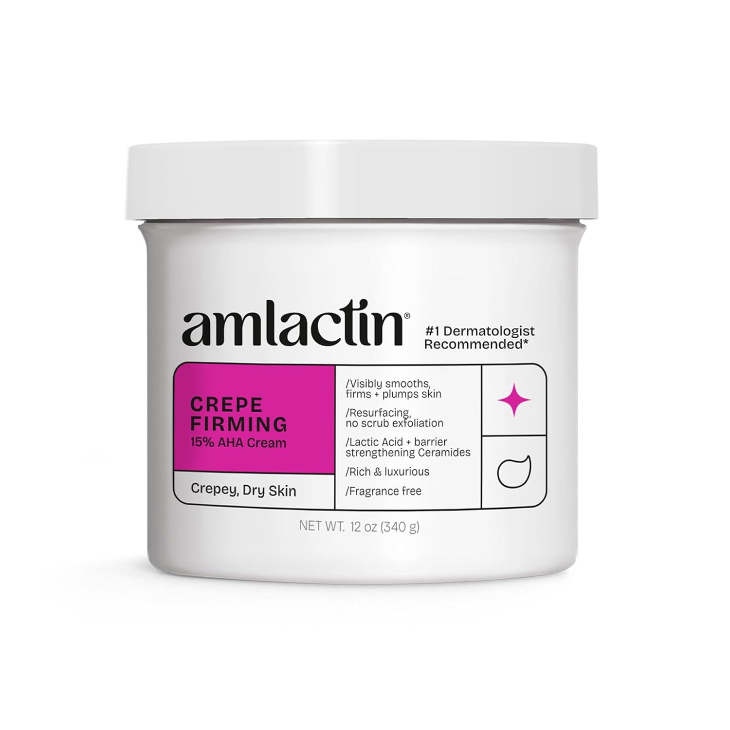 AmLactin Crepe Firming Cream - Therapeutic Skin Tightening Cream for Body – No-Scrub Exfoliator and Moisturizer with 15% Lactic Acid AHA, 12 oz (Packaging May Vary)​