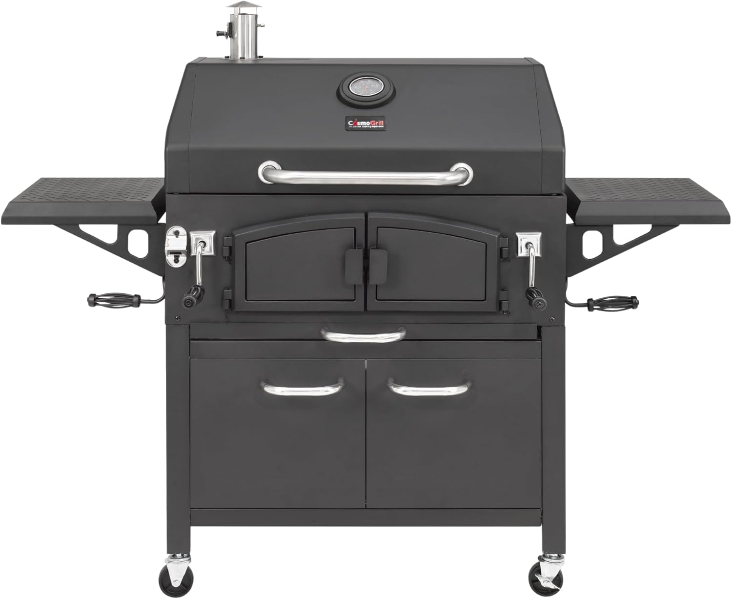 CosmoGrill NEW Ignis Premium Smoker Barbecue Charcoal BBQ Grill, Large Dual Cooking Area, Cast Iron, Side Table Warming Rack, Portable, Adjustable Charcoal Tray Air Vents Built-in Thermometer