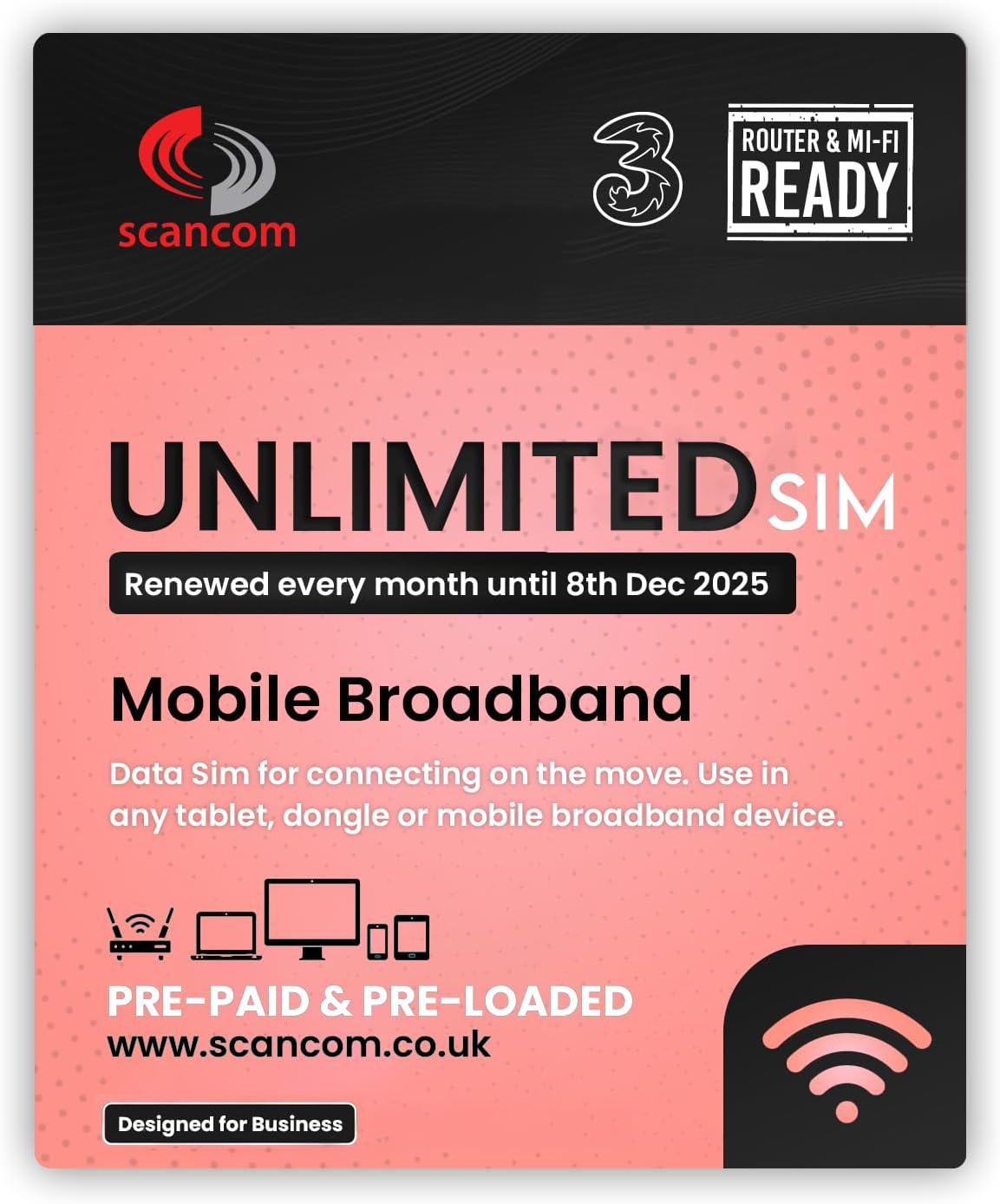 Three Unlimited Data SIM – Uncapped 5G Speeds – Preloaded EVERY MONTH Until 8th DECEMBER 2025 – No Contract – Plug & Play for Business Broadband, Routers & Phones