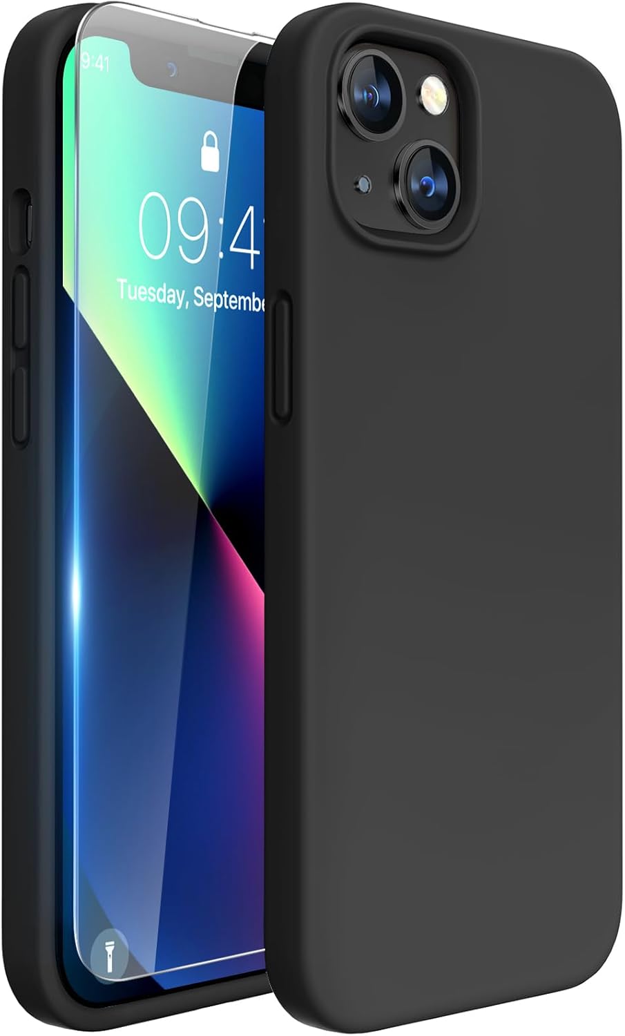 Miracase Designed for iPhone 13 Case, with Tempered Glass Screen Protector, [Soft Anti-Scratch Microfiber Lining], Shockproof Liquid Silicone Rubber Phone Cover Case for 13 6.1 inch(Black)
