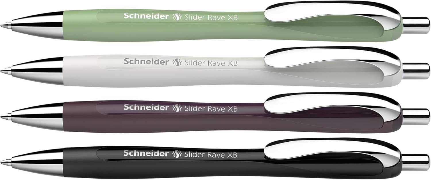 Schneider Limited Trend Edition Slider Rave XB (Extra Broad) Ballpoint Pen, Refillable + Retractable, 1.4 mm, Special Assortment Barrels, Blue Ink, Promo Box of 4 Pens (132684)