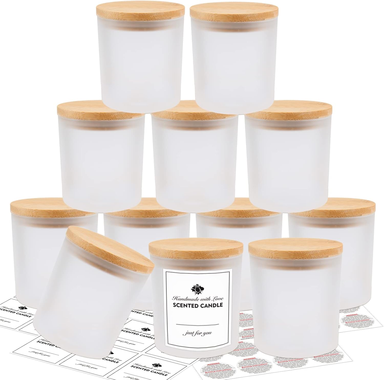 SUPMIND 12 Pack Glass Candle Jars-10oz Frosted Empty Candle Jars with Bamboo Lids and Sticky Labels, Bulk Candle Jars for Making Candles Containers - Dishwasher Safe