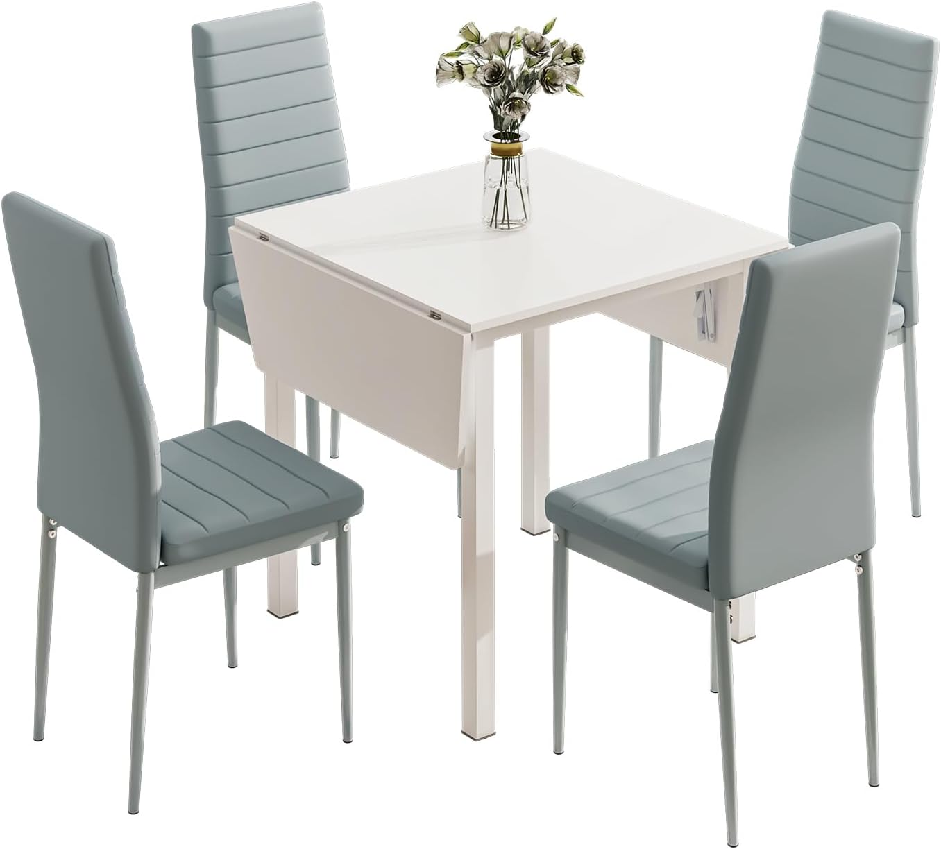 Dining Table and Set of 4 Chairs, Drop Leaf Kitchen Table With Grey PU Leather High Back Chair
