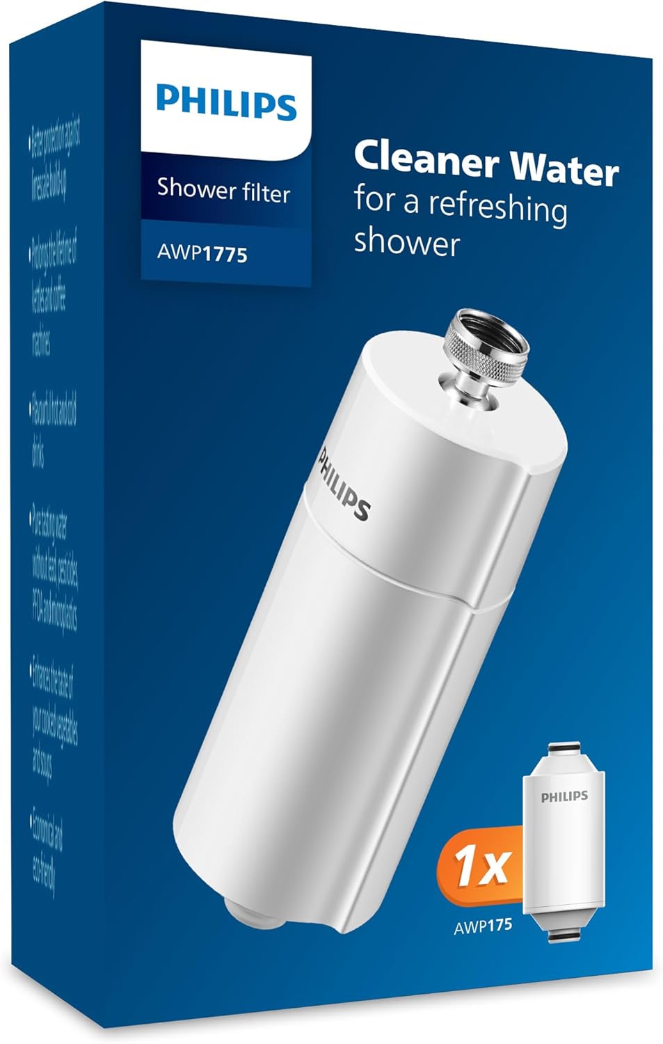 Philips Water in-Line Shower Filter and 1 Replacement Cartridge, 50 000 L Filtration Capacity, White, Reduces Chlorine by up to 99%, Easy to Install, fits All Standard Hoses and taps
