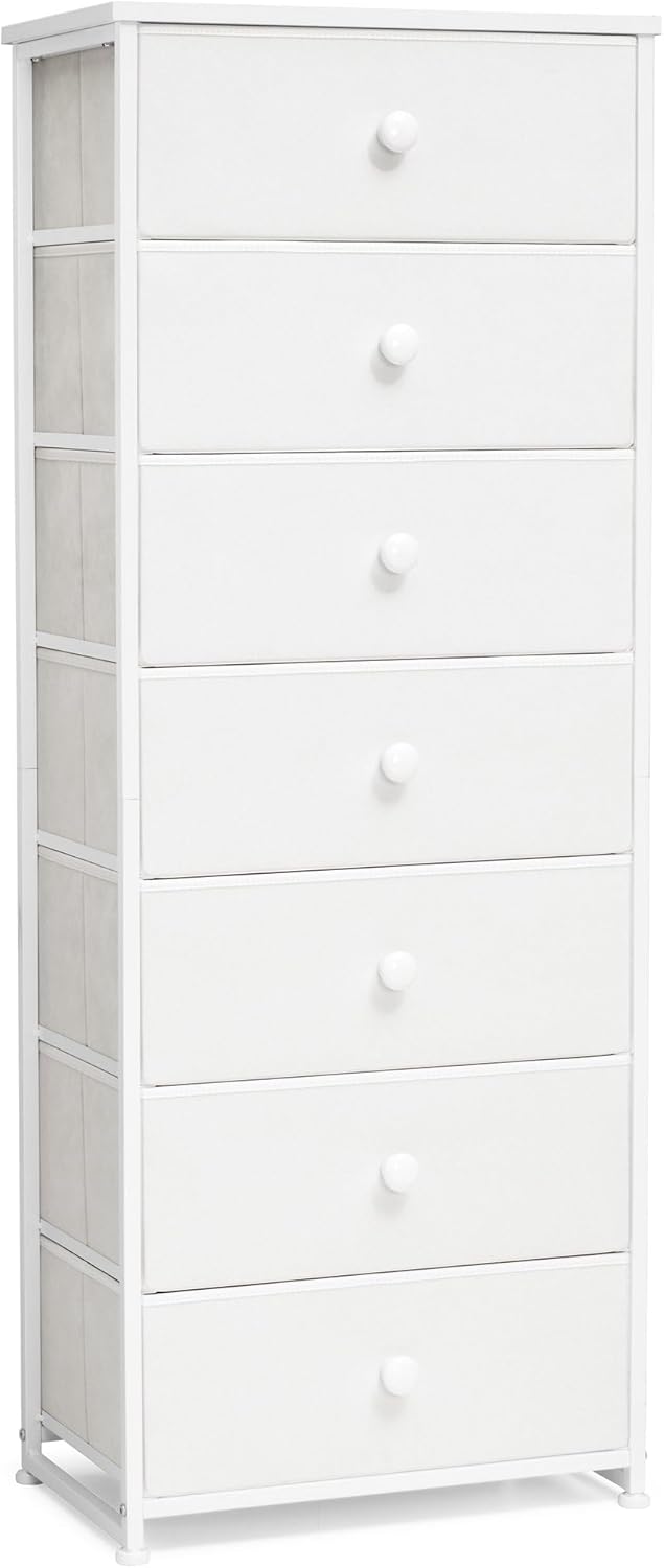 Crestlive Products Tall Dresser, 7-Drawer Fabric Storage Tower, Chests of Drawers - Vertical Organizer Unit for Bedroom, Hallway, Entryway, Nursery, Closets - Steel Frame, Wood Top & Handles (White)
