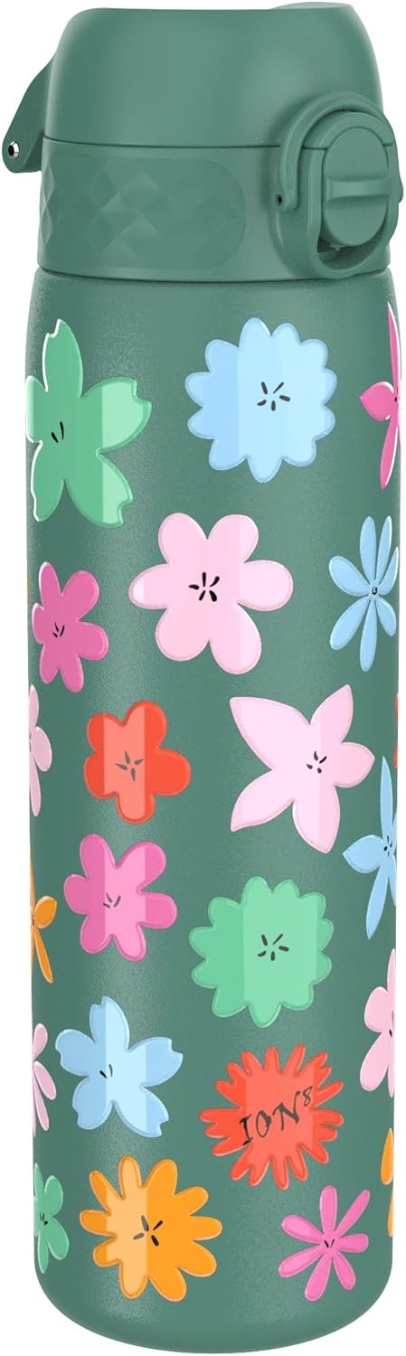 Ion8 Lightweight Steel Water Bottle, 600 ml/20 oz, Non-Insulated, Leak Proof, Easy to Open, Secure Lock, Dishwasher Safe, Flip Cover, Fits Cup Holders, Carry Handle, Metal Water Bottle, Floral