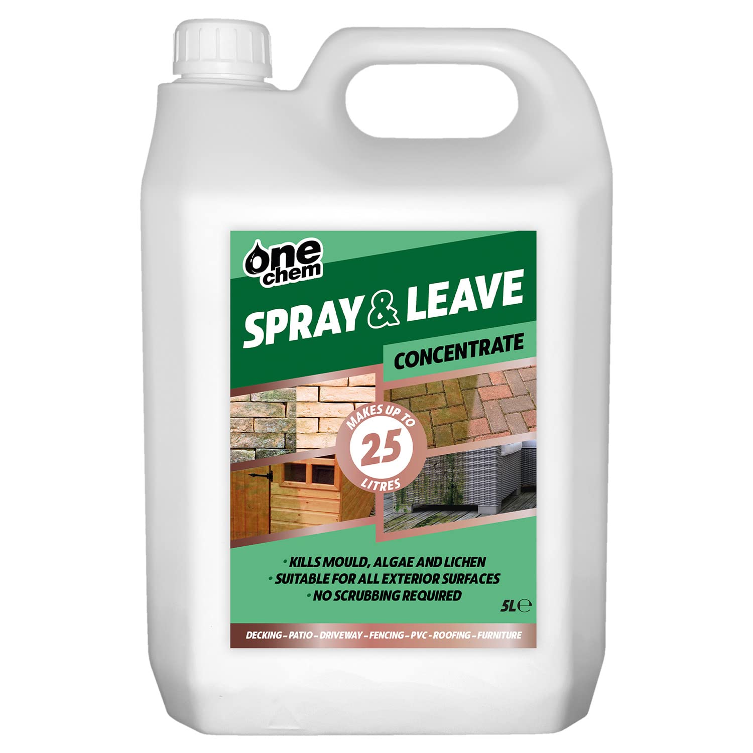 One Chem 5 Litre Concentrate Spray and Leave - Patio Decking Fencing - Green Mould and Algae Killer - Makes up to 25 Litres