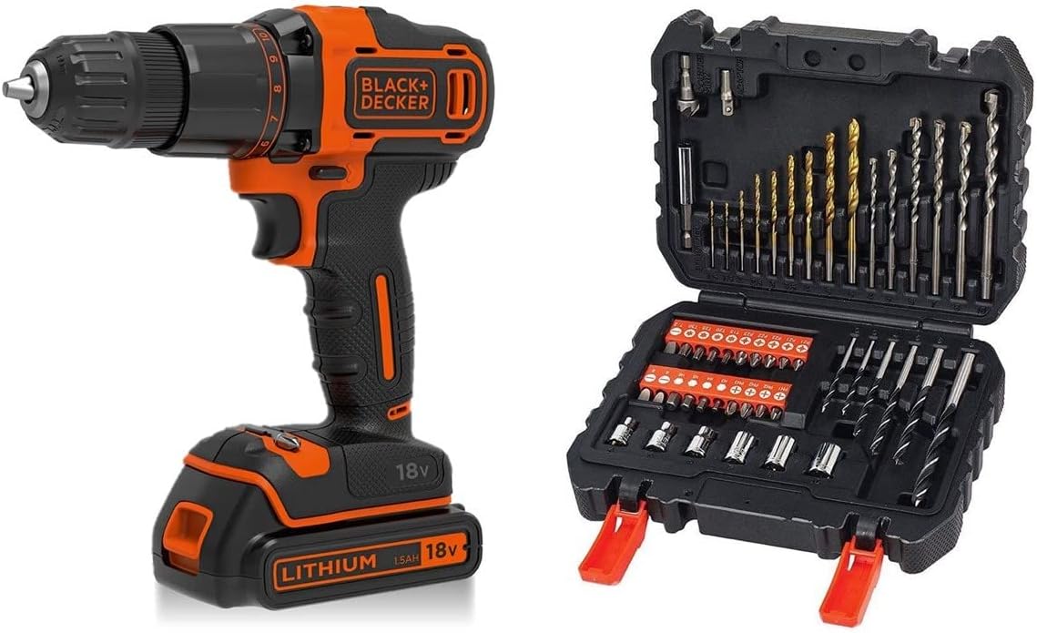 BLACK+DECKER 18 V Cordless 2-Gear Combi Hammer Drill Power Tool with Kitbox, 1.5 Ah Lithium-Ion, BCD700S1K-GB with Black + Decker A7188 Drill and Screwdriver Bit Set 50-Piece