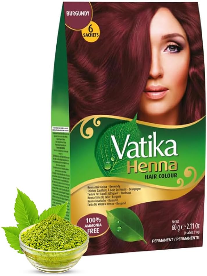 Vatika Naturals Henna Burgundy Hair Colours - 60g (6 x 10g Sachets), Natural & Nourishing Hair Dye, 100% Ammonia Free, For Vibrant Color, Shine, & Coverage