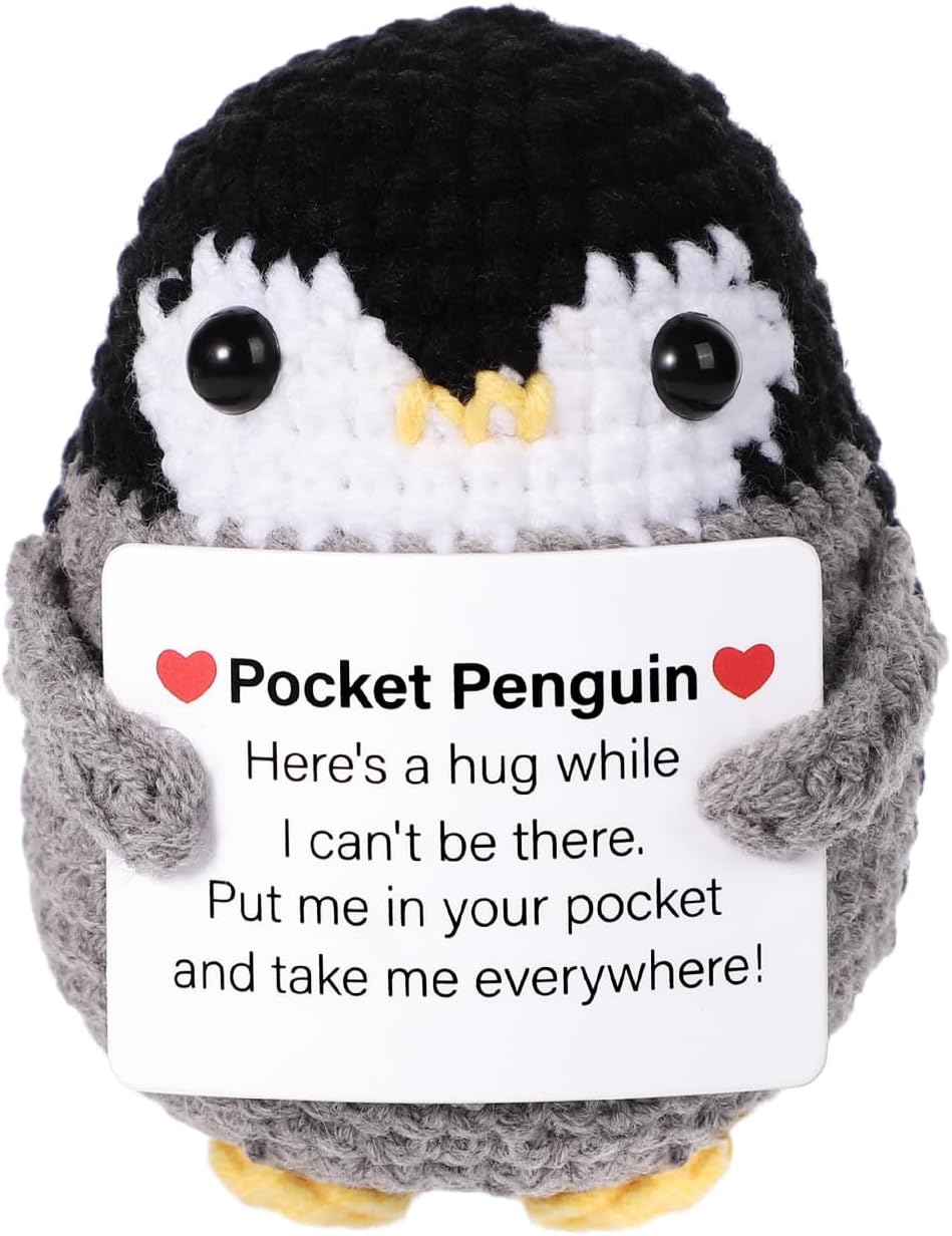 Funny Pocket Penguin Hug, 2.6 Inch Knitted Positive Penguin with Card Emotional Support Penguin Cute Wool Crochet Penguin Doll Creative Cheering Gift for Family Friends Encouragement Home Decoration