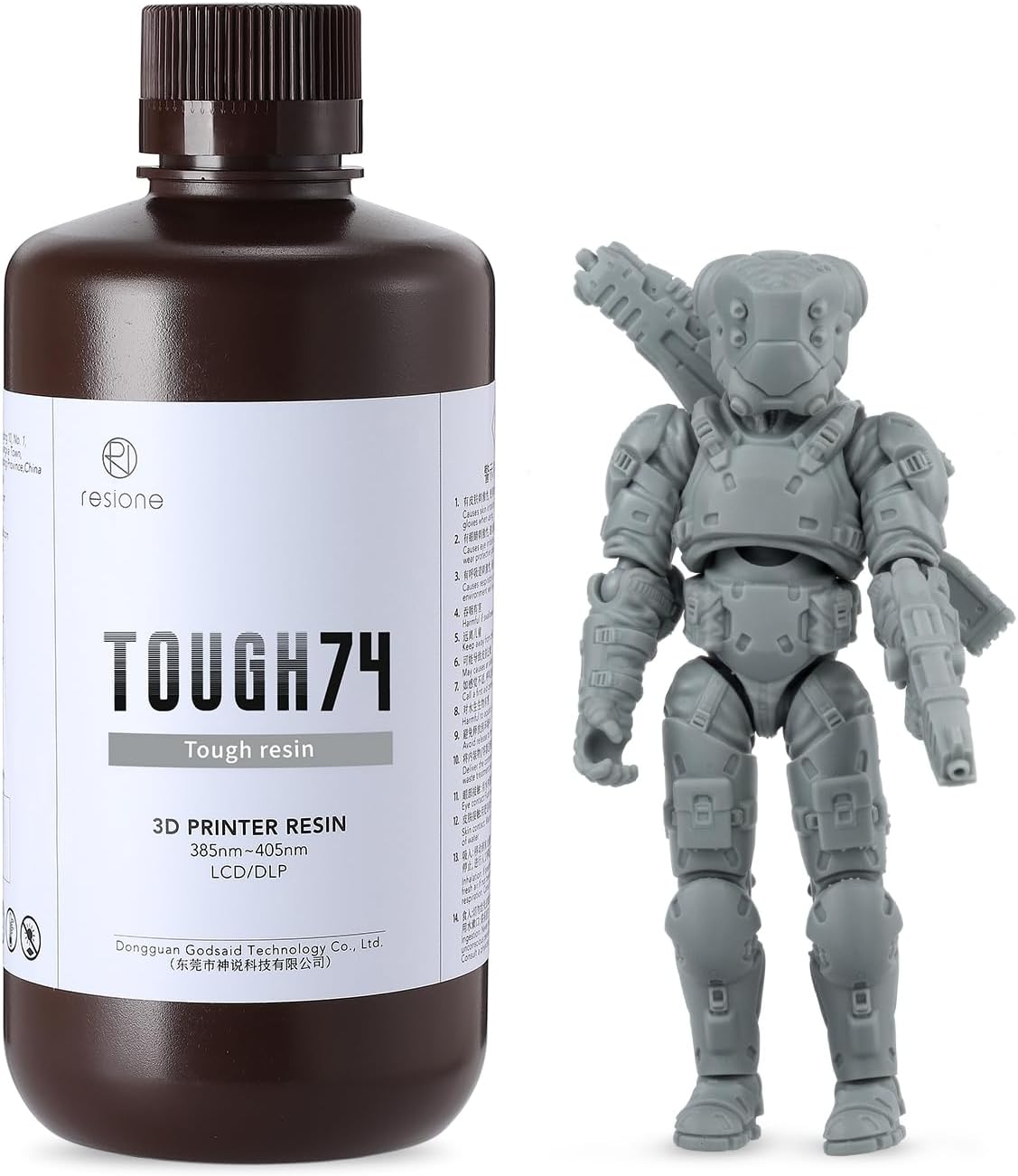 RESIONE Tough 74 3D Printer Resin, Impact-Resistant Photopolymer Resin for LCD DLP MSLA– Wear-Resistant, Low Shrinkage, Durable Resin for Action Figures, Tabletop Miniatures & Joints, Grey, 1KG