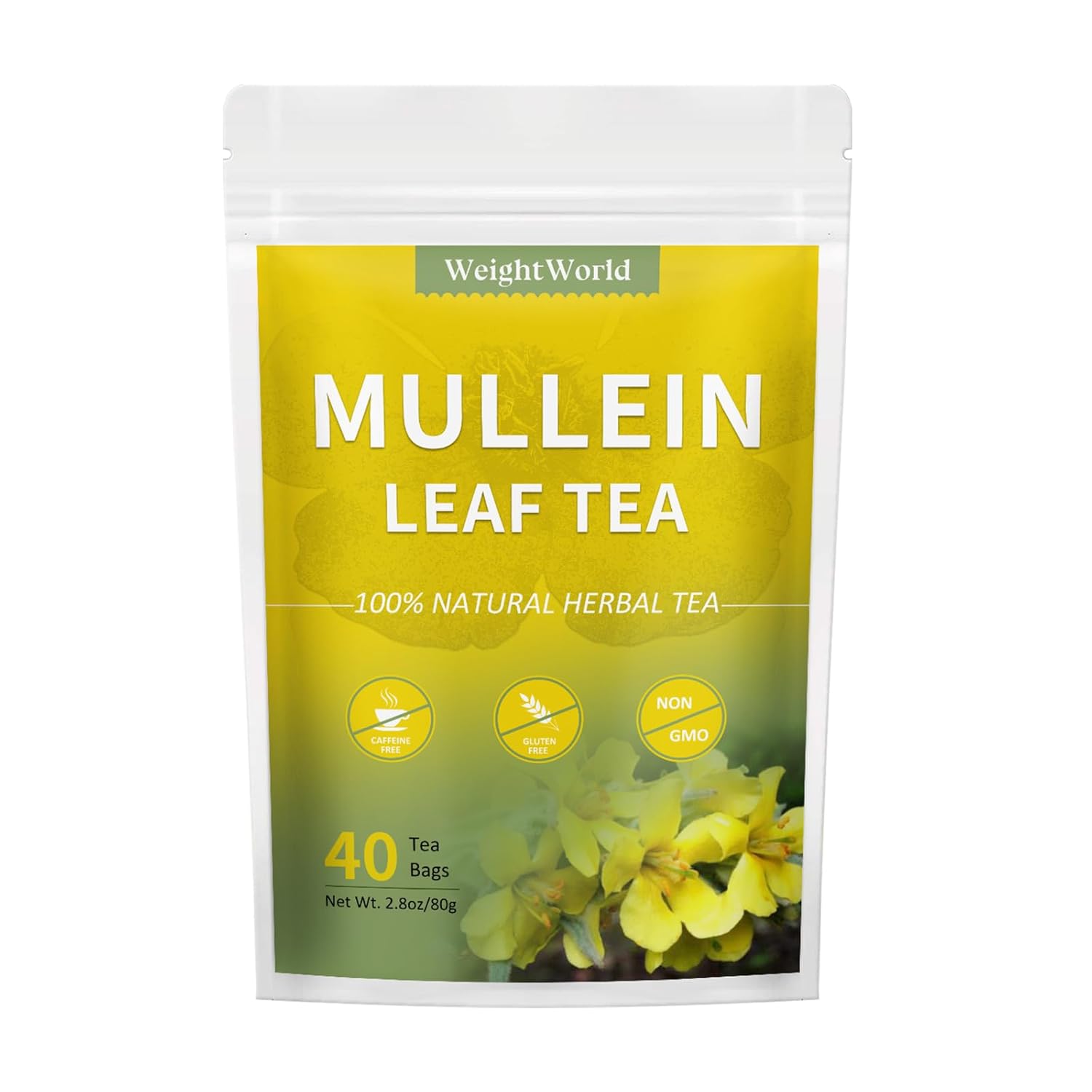 WeightWorld Mullein Leaf Tea - Mullein Tea Bags for Lungs Cleanse and Respiratory Support - Caffeine Free Herbal Tea - Non-GMO - 40 Tea Bags