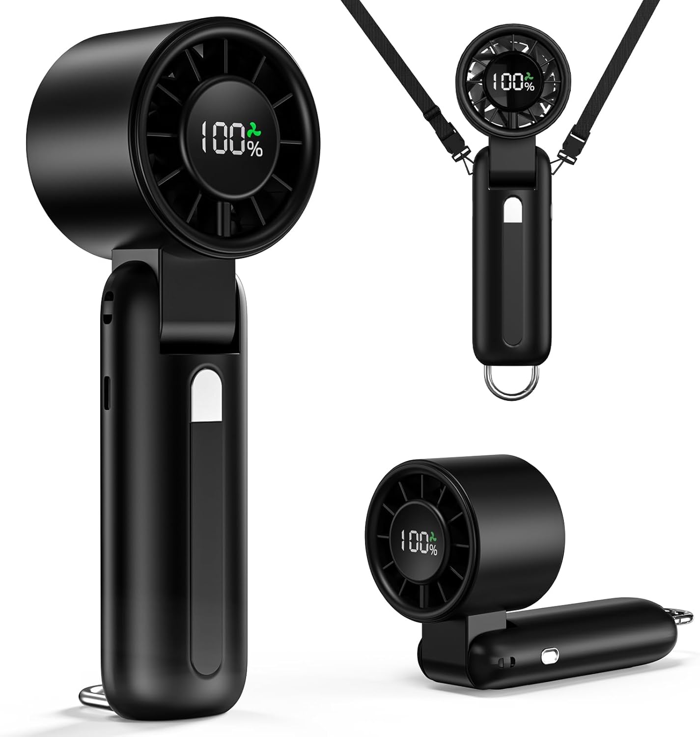 2025 Turbo Handheld Fan - 100-Speed Adjustable, USB Rechargeable, 5000mAh Battery, 7-Blade High-Speed Cooling for Travel, Office & Camping - Compact, Foldable with LED Display & Carabiner Clip (Black)