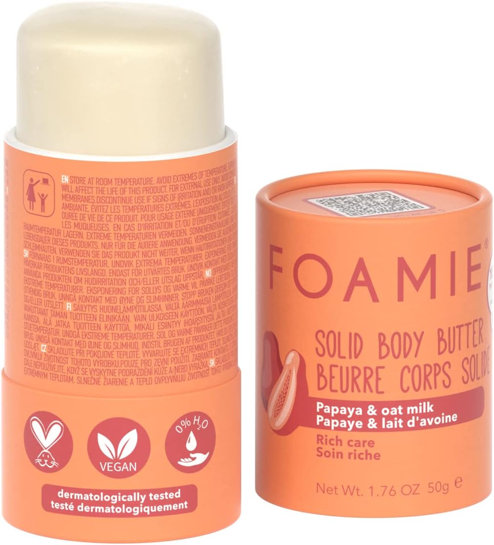 Papaya & Oat Milk Rich Care Solid Body Butter. Plastic-Free, pH-Balanced, Soap-Free, No Sulphates or Parabens. Made in the UK.
