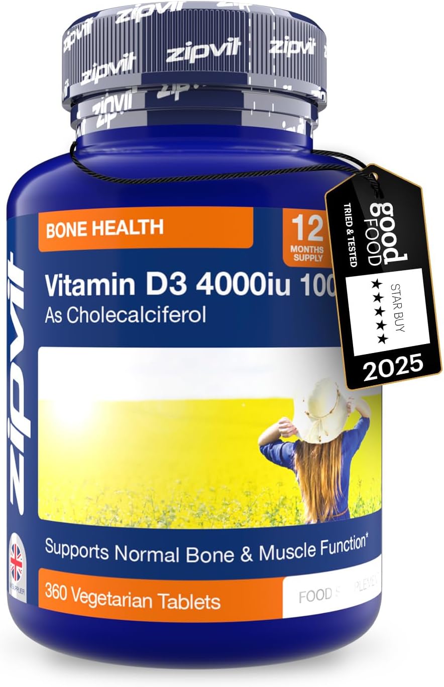 Zipvit Vitamin D3 4000 IU, 360 Maximum Strength Vitamin D Tablets, 12 Months Supply, Vegetarian, 1 a Day, VIT D3 As Cholecalciferol, Supports Bones Muscles, Immune System