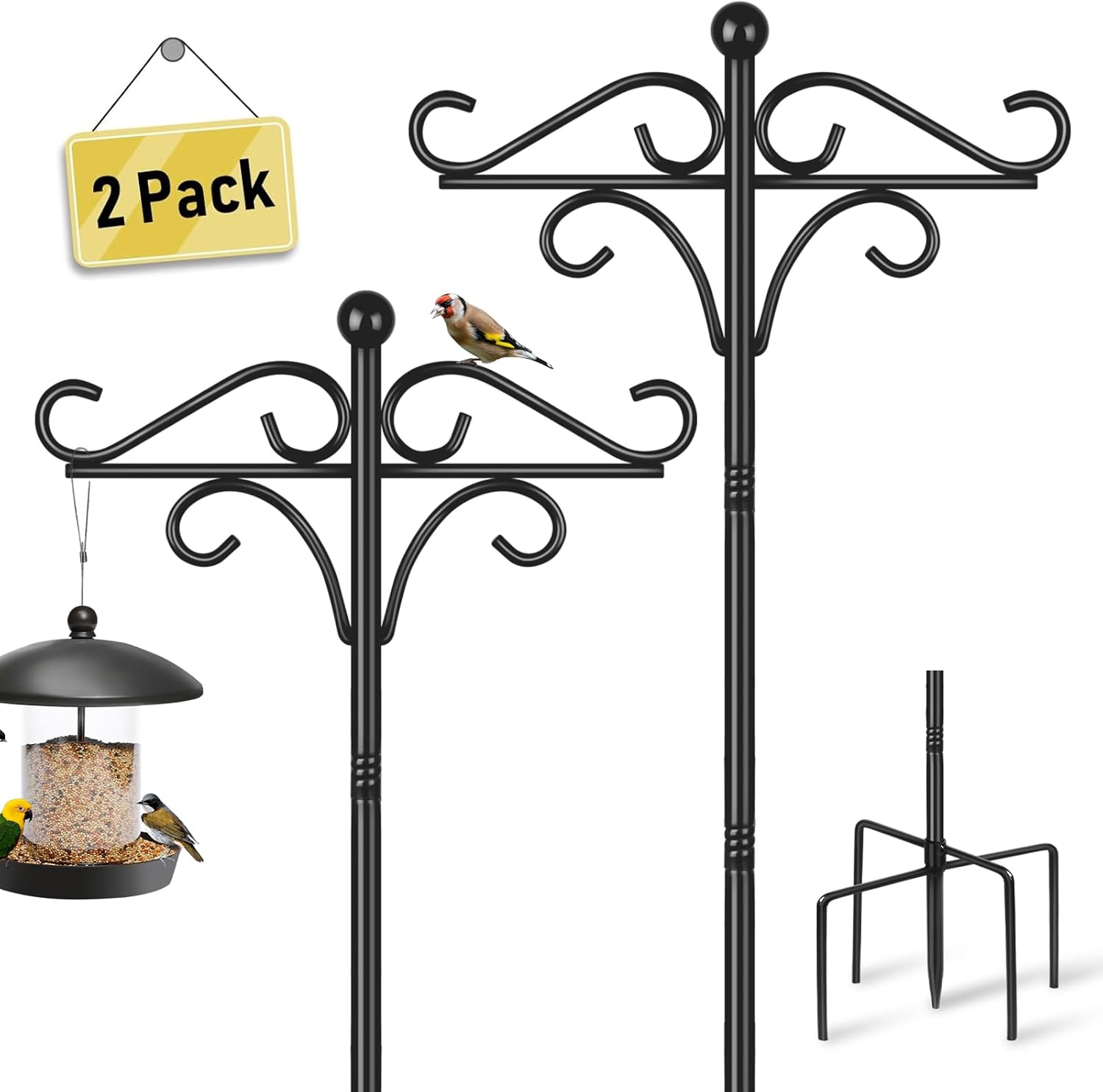 2 Pack Bird Feeders Hanging Station, 195cm Free Standing Wild Bird Feeder Poles and Hangers Heavy Duty Metal Bird Feeding Stand Shepherd Crook Hook for Outdoor Garden Light Lantern