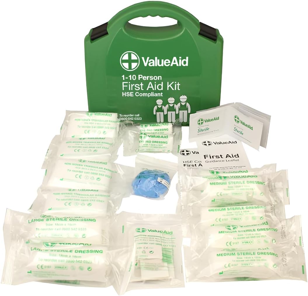 Value Aid HSE Compliant First Aid Kit for Workplace, Home & Car - CE Marked Contents, Double-Clasp Case with Handle - Complete Set for 1-10 People Includes Plasters, Bandages & Medical Supplies