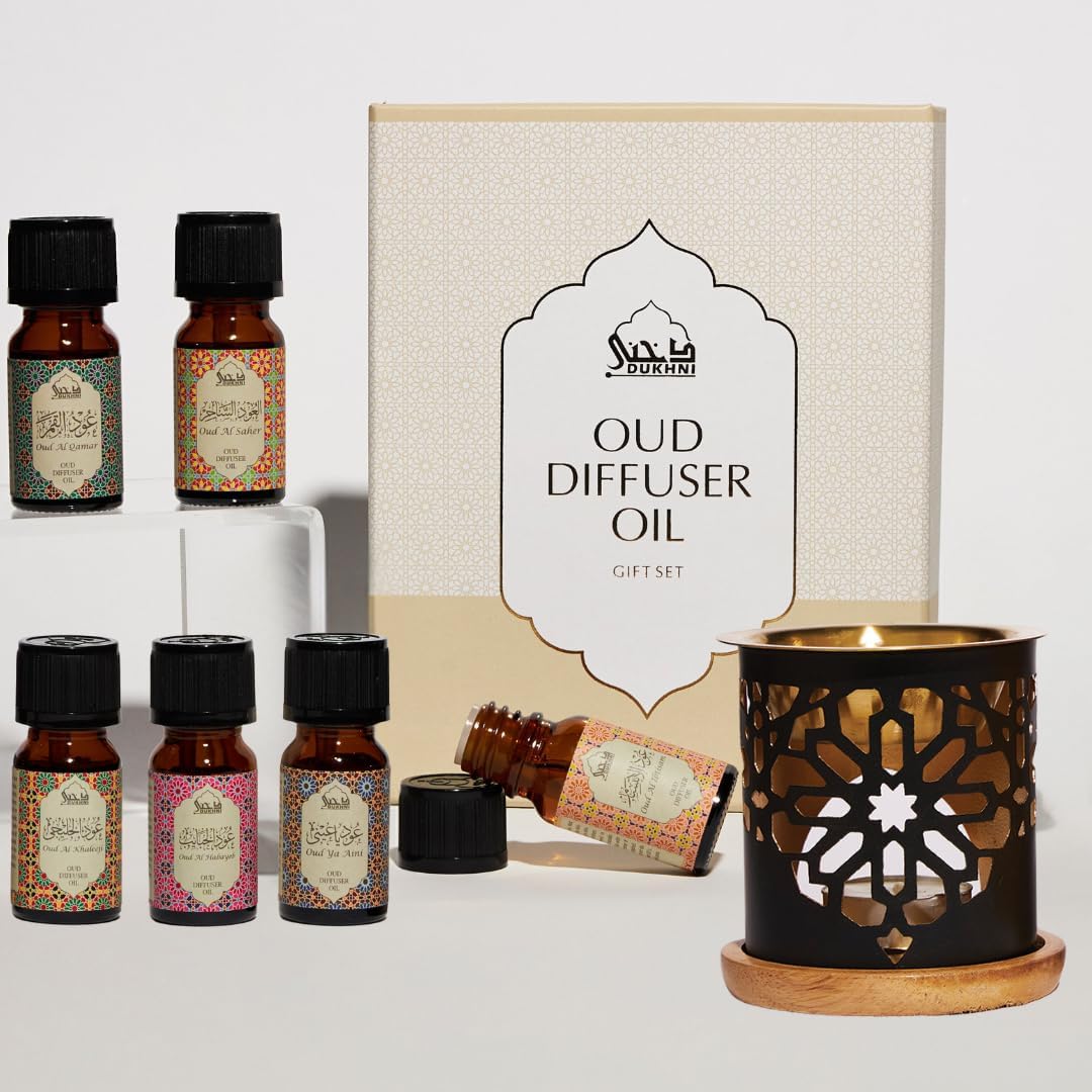 Oud Essential Oil Diffuser Blend & Candle Burner by Dukhni | 6 x 10ml Arabic Oils with Diffuser | 100% Pure Halal Aroma Oils | Relax with Home Aromatherapy, for Relaxation & Massage