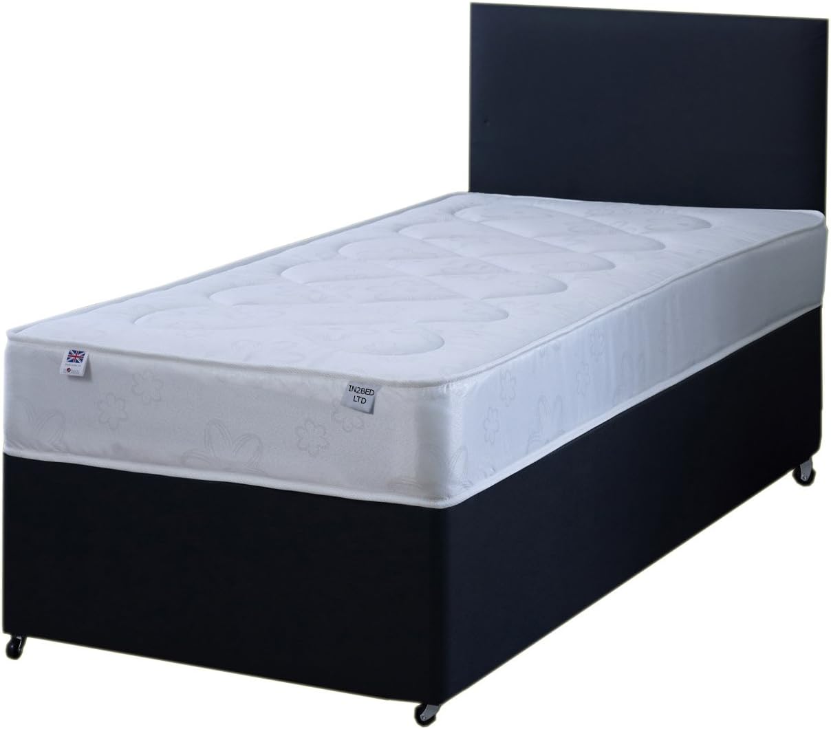 3FT Single Black Fabric Divan Bed Set Including Deep Quilt Mattress And Headboard